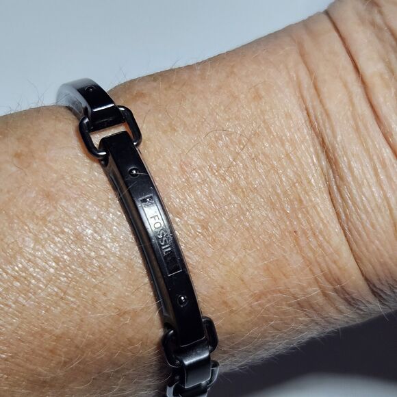 *Sale* Fossil Black Steel Link Bracelet 8" Unisex - Picture 7 of 16